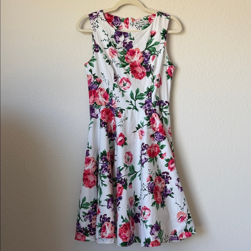 Grace Karin Floral Midi Dress Fit Flare Cottagecore Spring Size M